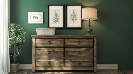 16.A beautifully designed wooden chest of drawers in a room with a green accent wall, adorned with a stylish lamp and framed artwork. The chest of drawers has a rustic yet elegant appeal, with a