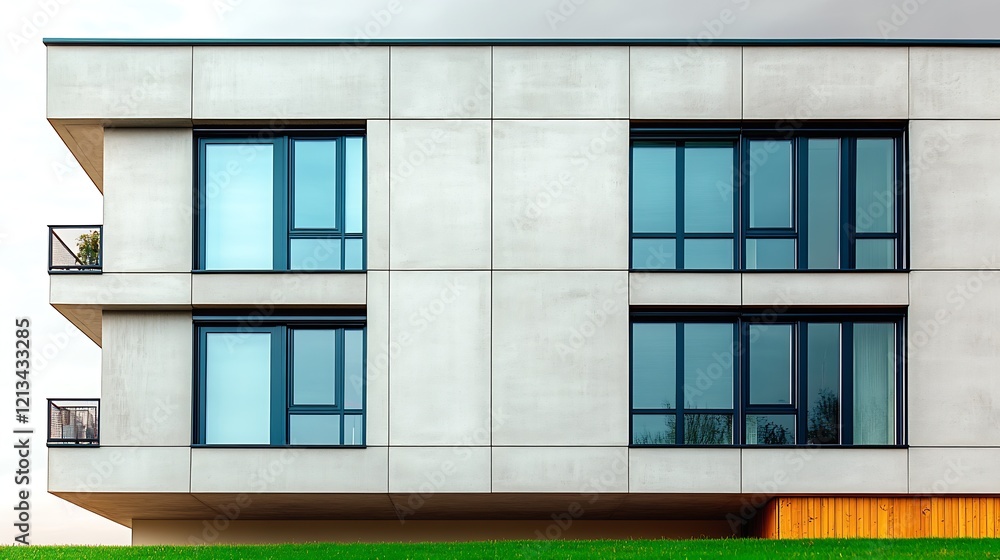 Poster minimalist modern concrete building with large windows and balcony : generative ai