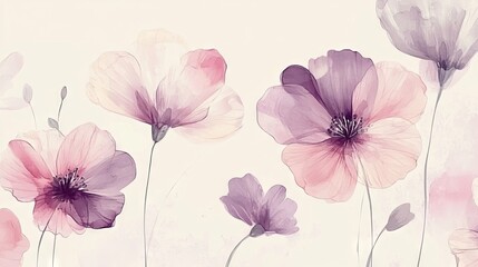 4.A gentle and elegant design of pink and purple hand-drawn flowers arranged in a seamless pattern. The light, neutral background complements the delicate florals, offering a soft and calming visual