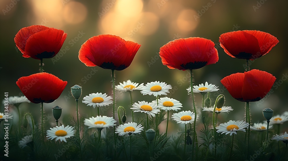 Poster vibrant red poppies and white daisies in serene sunset meadow landscape with soft bokeh : generative