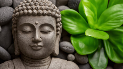 Serene Buddha Statue Amidst Smooth Stones and Lush Greenery