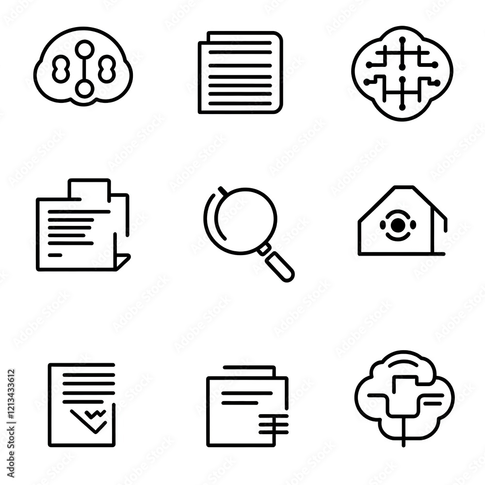 Poster collection of line icons related to data processing, analysis, and document management.