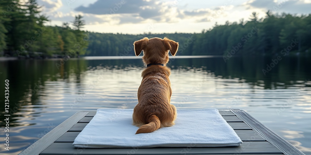 Poster young golden retriever on dock gazing across peaceful lake in a forest setting : generative ai