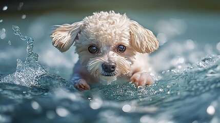 Adorable Fluffy Puppy Learning to Swim for the First Time : Generative AI