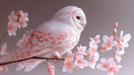 pink owl sitting on a branch with pink flowers