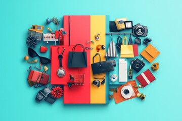 Obraz premium Colorful Shopping Spree Products & Accessories on Teal Background