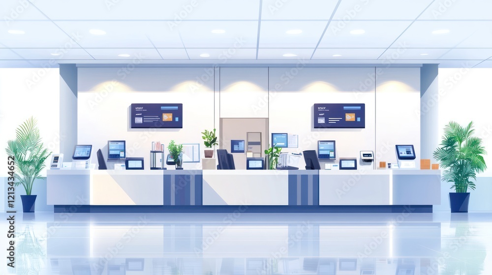 Poster modern, bright reception area with multiple computer screens and plants.
