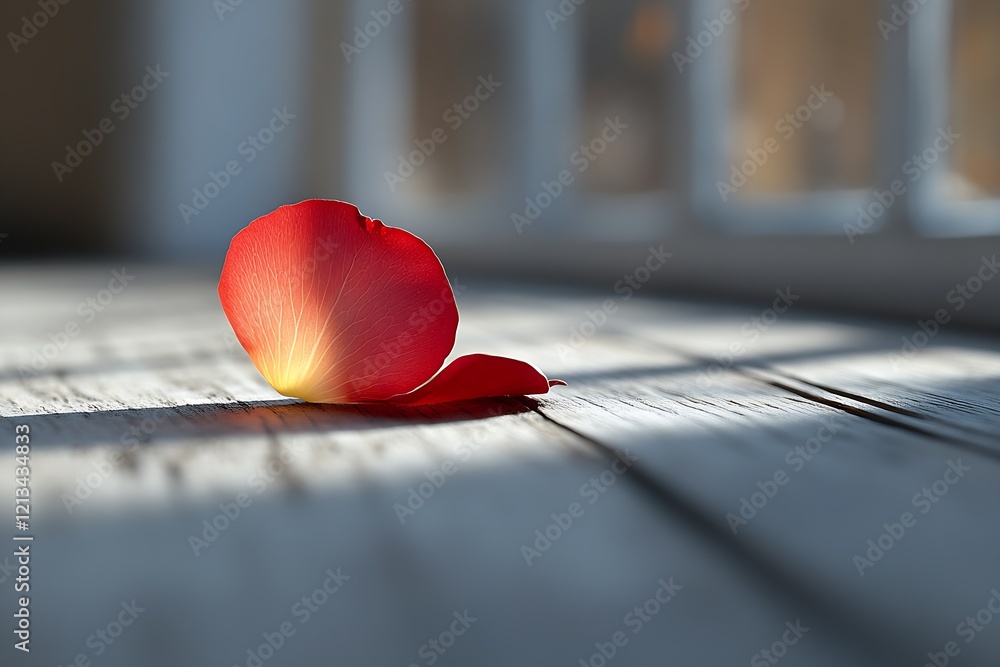 Poster Serene Red Petal on Sunlit Floor with Shadows Offering a Calm Atmosphere : Generative AI