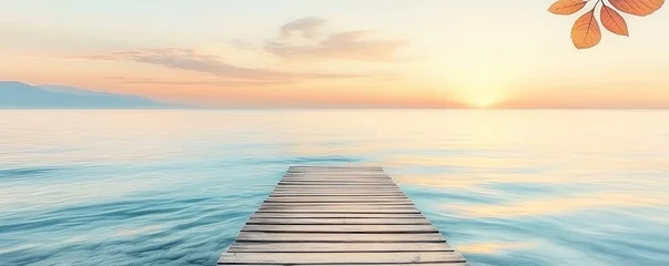 Fototapete Rund panoramic view of Wooden Pier at Sunrise, sunset over a Tranquil Lake , warm pastel color,landscape background,copy space, spring,summer,vacation  © Cindy 
