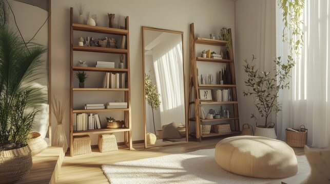 11.A modern living room featuring a stylish shelving unit with carefully arranged decor, a ladder pouf for added comfort, and a large mirror reflecting the room's spaciousness. The interior design