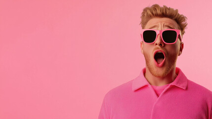 A surprised man in pink attire and sunglasses against a pink backdrop, expressing excitement or shock.
