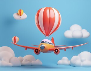 3D illustration whimsical airplane and hot air balloons soar through fluffy clouds in a bright blue sky
