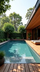 A serene oasis with a crystal-clear pool and lush greenery