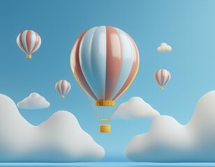 Hot air balloons drift lazily across a pastel sky surrounded by fluffy clouds