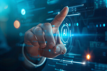 Fototapeta premium Human Hand Interacting with Holographic AI Interface