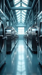 A modern laundromat with rows of shiny stainless steel washers and dryers, a sleek and efficient facility for convenient laundry services