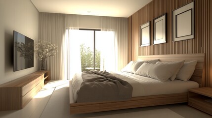 Fototapeta premium 54.A stylish bedroom with a large wooden bed, decorated with soft pillows and a plush blanket, sits near a feature wall adorned with empty frames, ready for personal touches. The room is bathed in