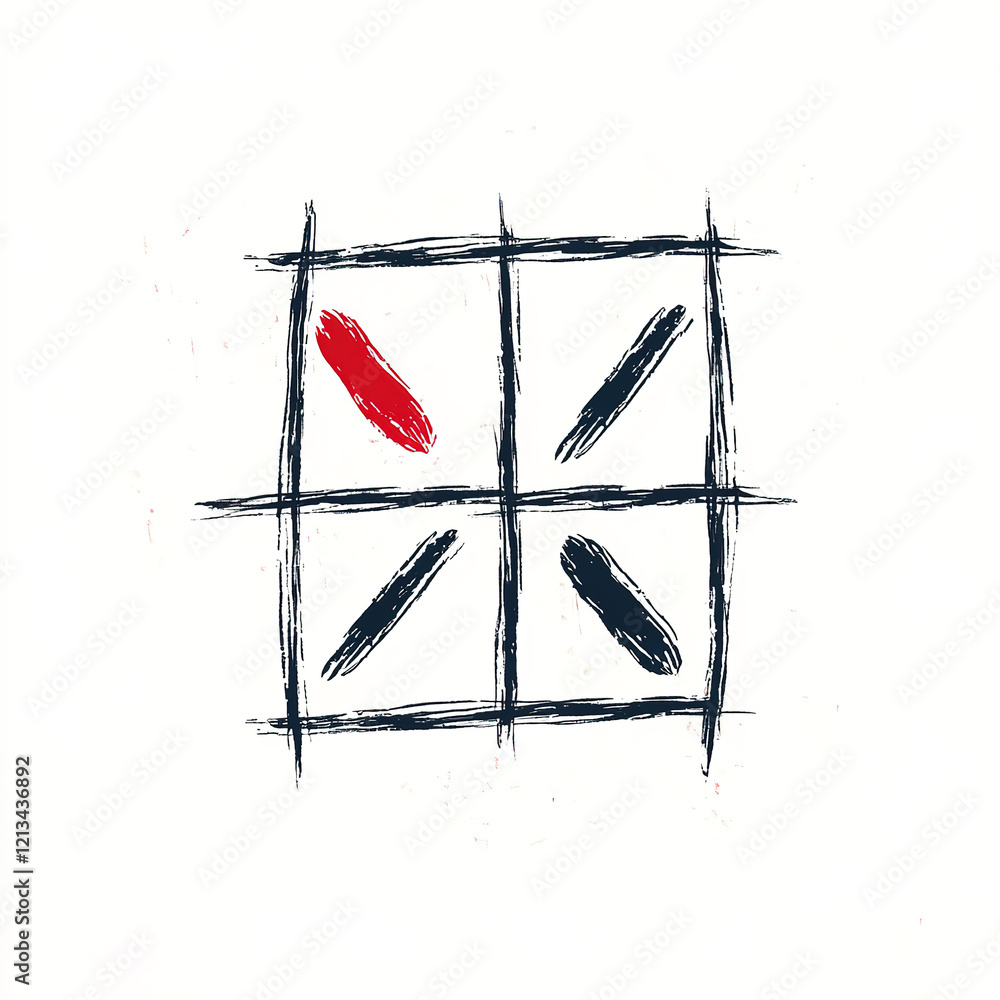 Poster abstract tic-tac-toe game design with red and black strokes.