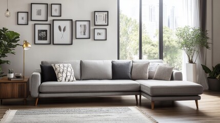 Fototapeta premium 66.A stylish modern living room featuring a grey sofa with plush cushions and a sleek chest of drawers with a minimalist design. The room is decorated with empty picture frames hanging on the wall,