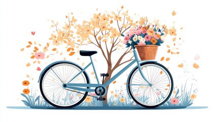 Blue bicycle with flower basket parked near blooming tree.