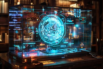 Fototapeta premium Futuristic holographic display showing global network data.