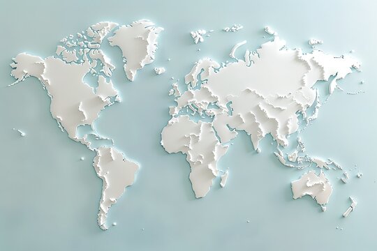 Fototapeta 3D embossed world map on light blue background