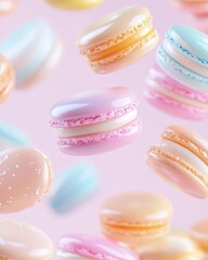 Obraz premium Hovering macarons with glowing outlines and a mirrored surface, vibrant futuristic aesthetic
