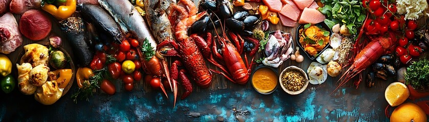 A Colorful Arrangement of Seafood, Vegetables, and Spices