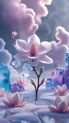 Fototapeta premium icy magnolia flower on snowy background, created by generative ai