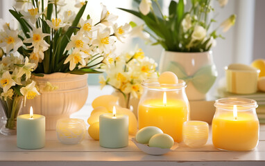 Candles and table decorations for Easter celebrations isoalted on white background
