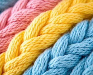 Close-up of a knitted sweater pattern, coarse yarn detail in vibrant colors, cozy textile texture
