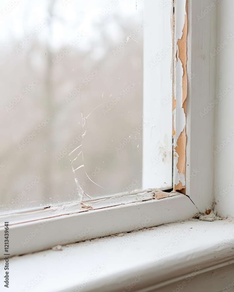 Poster a symmetrical window pane with one broken section letting in fragmented light, minimalist and moody