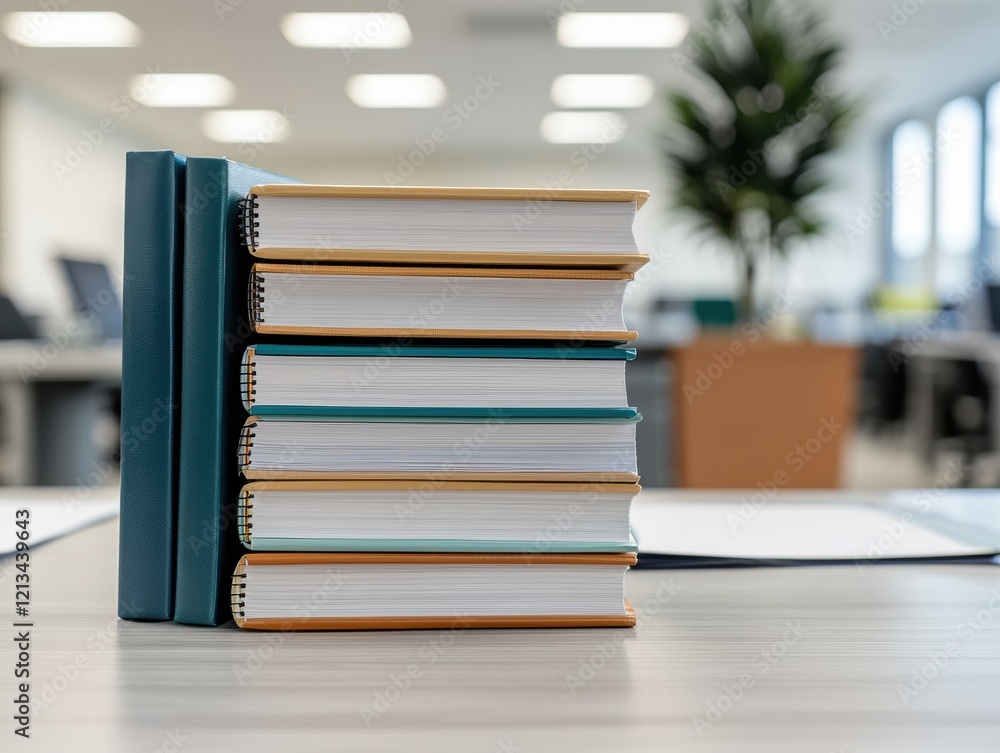 Poster Stack of notebooks and files resting on desk in bright office setting, showcasing organization and corporate structure