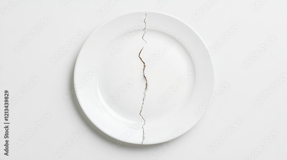 Poster a perfectly symmetrical plate split in half, the broken edges creating stark asymmetry against a min