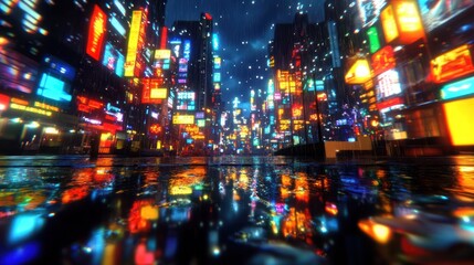 Captivating night cityscape with a mesmerizing display of vibrant neon lights towering skyscrapers and reflected street scenes in a bustling urban environment