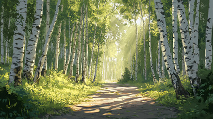 Obraz premium Sunlit path through birch forest.