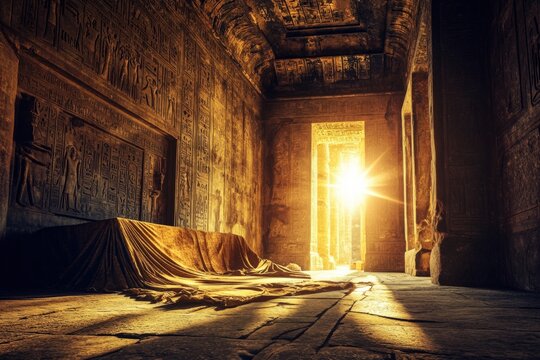 Lumi&egrave;re dor&eacute;e inondant une chambre ancienne aux hi&eacute;roglyphes myst&eacute;rieux et un lit couvert.