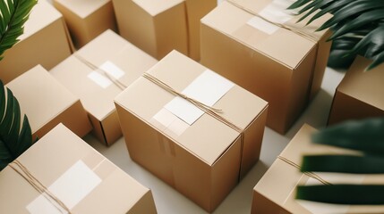 Fototapeta premium Arrangement of Brown Cardboard Boxes with a String and a White Sticker on a Light Surface
