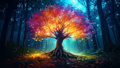 tree with colorful leaves floating in mid-air in a magical forest.- 