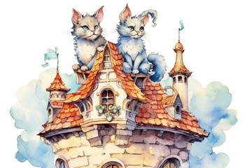Obraz premium two cats sitting on the roof on a white background, watercolor cartoon style, watercolor style, Generative AI
