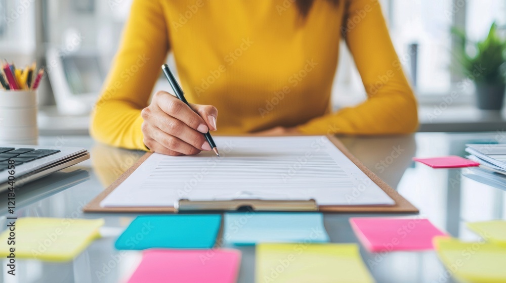 Poster Office worker writing notes on clipboard, organizing tasks with colorful sticky notes