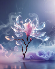 icy magnolia flower on snowy background, created by generative ai