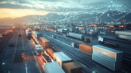 Global logistics network with trucks and containers on highway near port.