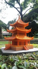 Fototapeta premium Orange pagoda model outdoors, green background, park setting, architectural model.