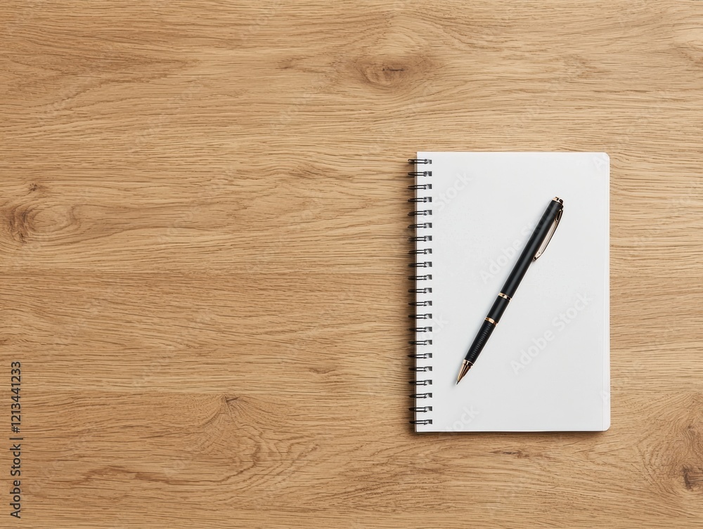 Poster notebook and pen resting on a modern wooden desk