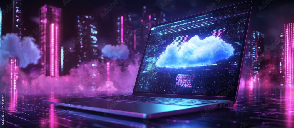Poster futuristic laptop displaying cloud computing in a neon city.