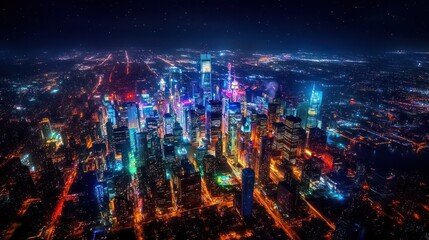 Fototapeta premium Breathtaking aerial view of a sprawling densely packed urban landscape filled with towering skyscrapers dazzling lights and a vibrant futuristic atmosphere