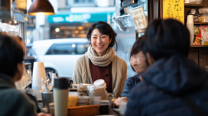 Fototapeta premium Tokyo Coffee Shop Owner Smiling Behind the Counter