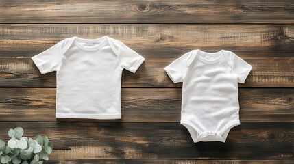 Two blank white baby onesies on wood. Perfect for announcements, mockups, or baby apparel designs.
