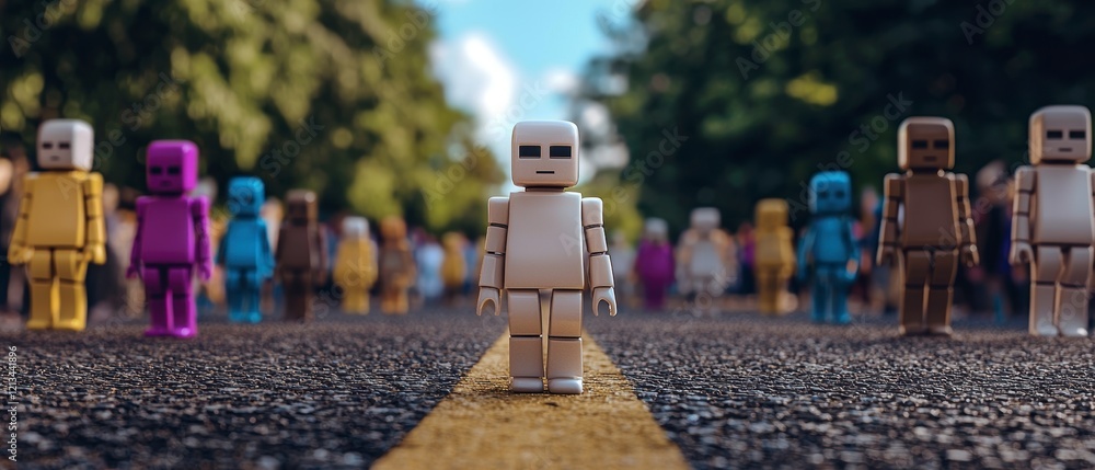 Aufkleber futuristic robot crowd ai androids on road artificial intelligence technology divers